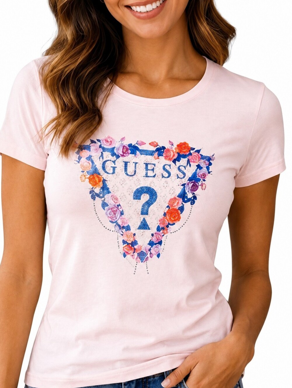 Guess Pink Tee with Blue Rhinestone Logo and Multicolor Floral Accents Size LG
